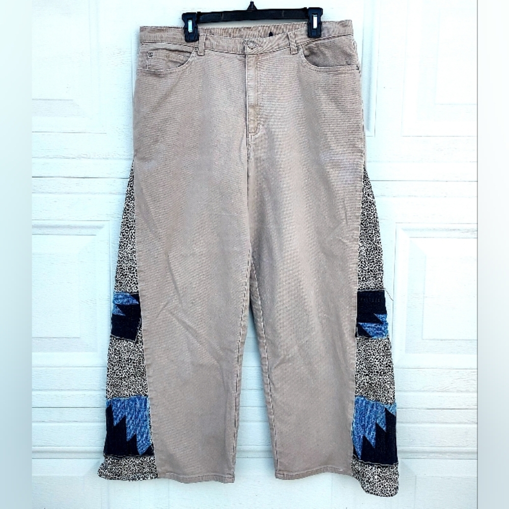 Women's Tan Upcycled Wideleg Pants with Blue Accents